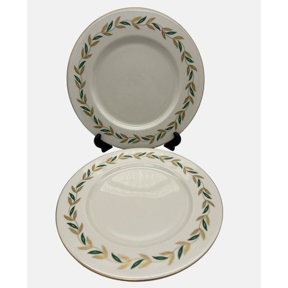 Castleton China Alberta Pair Dinner Plates USA Leaves Design Gold Trim 10.75" - Picture 1 of 6